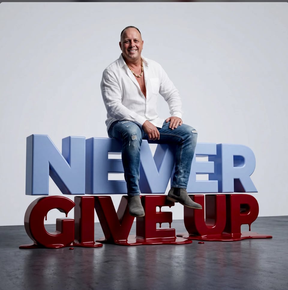 Authored studio frame Never Give Up — portrait seated on dimensional lettering