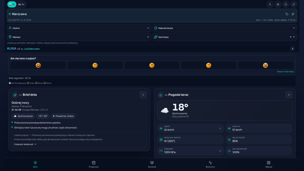 AURA — weather application with an interactive map and forecast panel