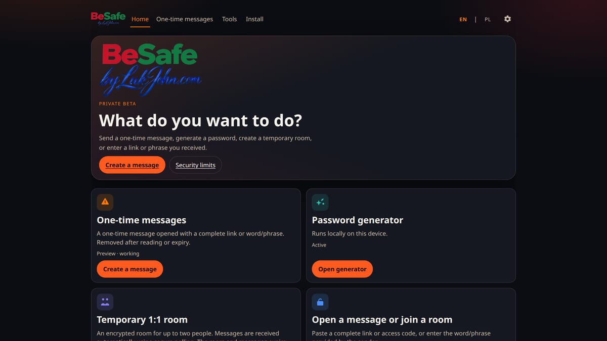 BeSafe Preview — PWA home with one-time messages, a password generator and a 1:1 room prototype